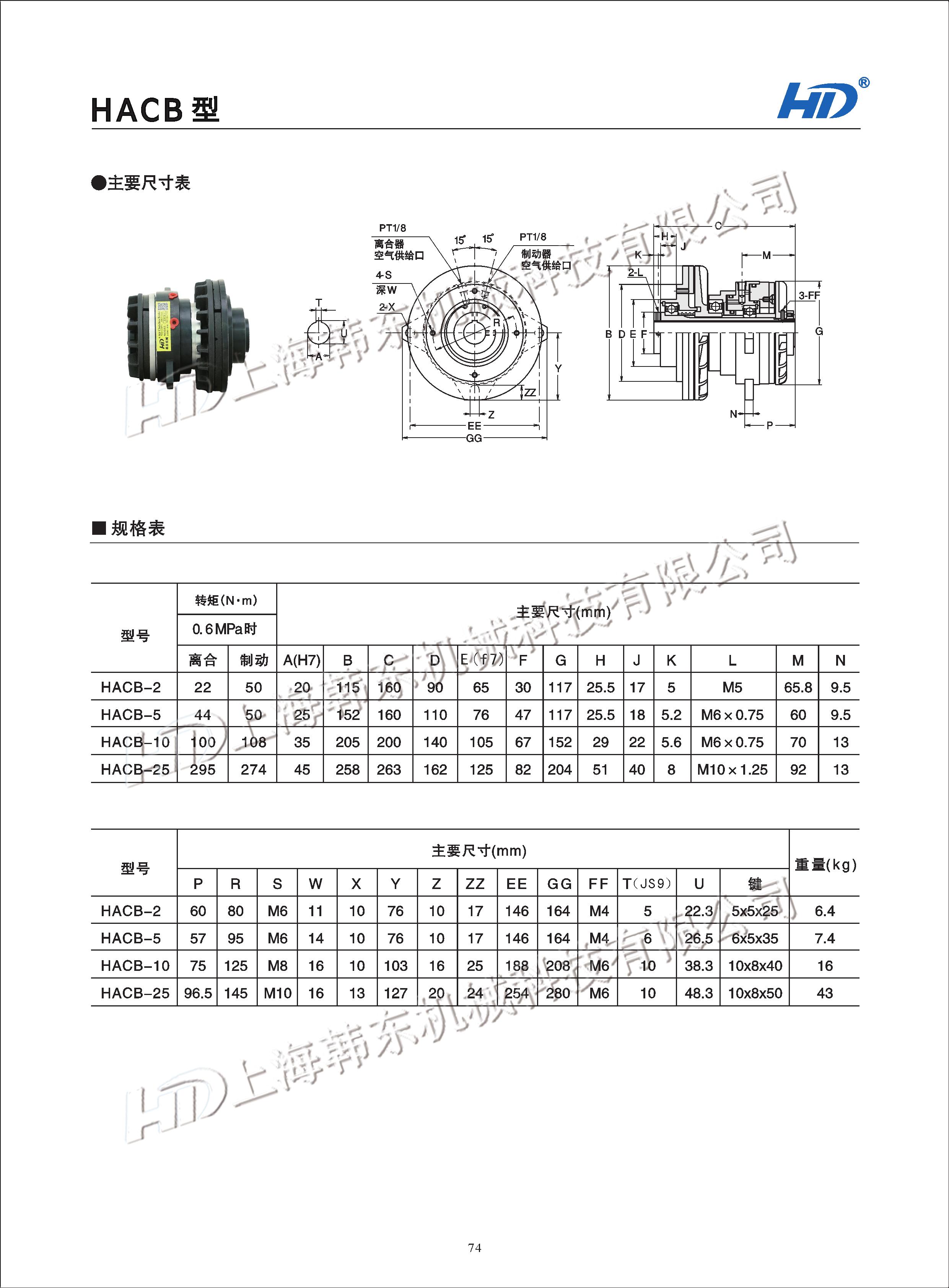 工業氣動離合制動器HACB型外形尺寸表 氣動離合制動器